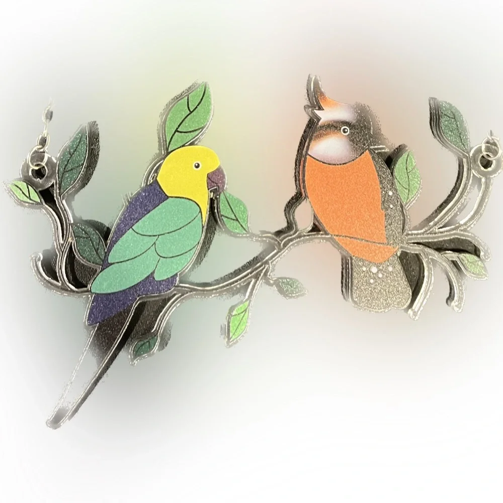 2 Piece Set of Wall Hanging Birds / Faux Stained Glass Look Effect w/ Chain